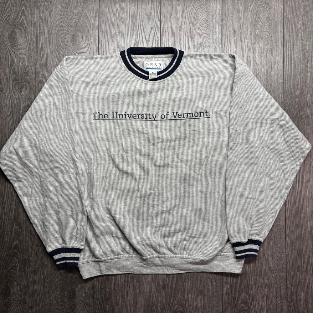 Vintage 90s University of Vermont UVM Medium Grey Striped Sweatshirt M